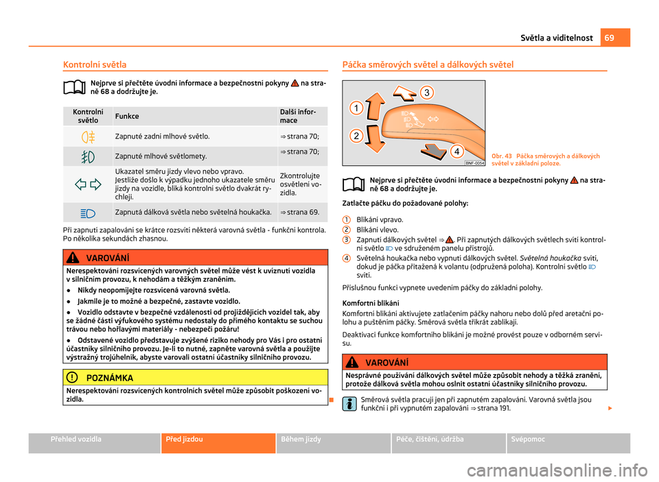 SKODA CITIGO 2011 1.G Owners Manual Kontrolní světla
Nejprve si přečtěte úvodní informace a bezpečnostní pokyny   na stra-
ně 68
 a dodržujte je. Kontrolní
světlo Funkce Další infor-
mace
 Zapnuté zadní mlhové svět