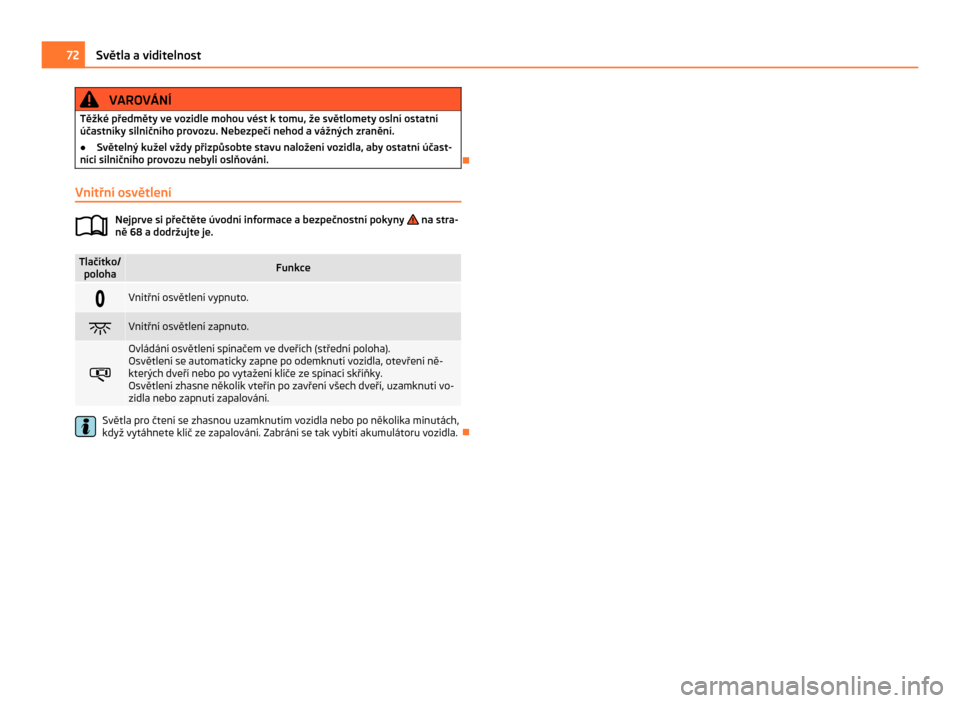 SKODA CITIGO 2011 1.G Owners Manual VAROVÁNÍ
Těžké předměty ve vozidle mohou vést k tomu, že světlomety oslní ostatní
účastníky silničního provozu. Nebezpečí nehod a vážných zranění.
● Světelný kužel vždy p