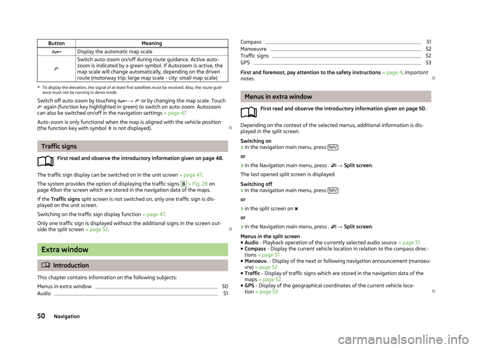 SKODA OCTAVIA 2013 3.G / (5E) Amundsen Navigation System Manual ButtonMeaningDisplay the automatic map scale

Switch auto-zoom on/off during route guidance. Active auto-
zoom is indicated by a green symbol. If Autozoom is active, the
map scale will change au
