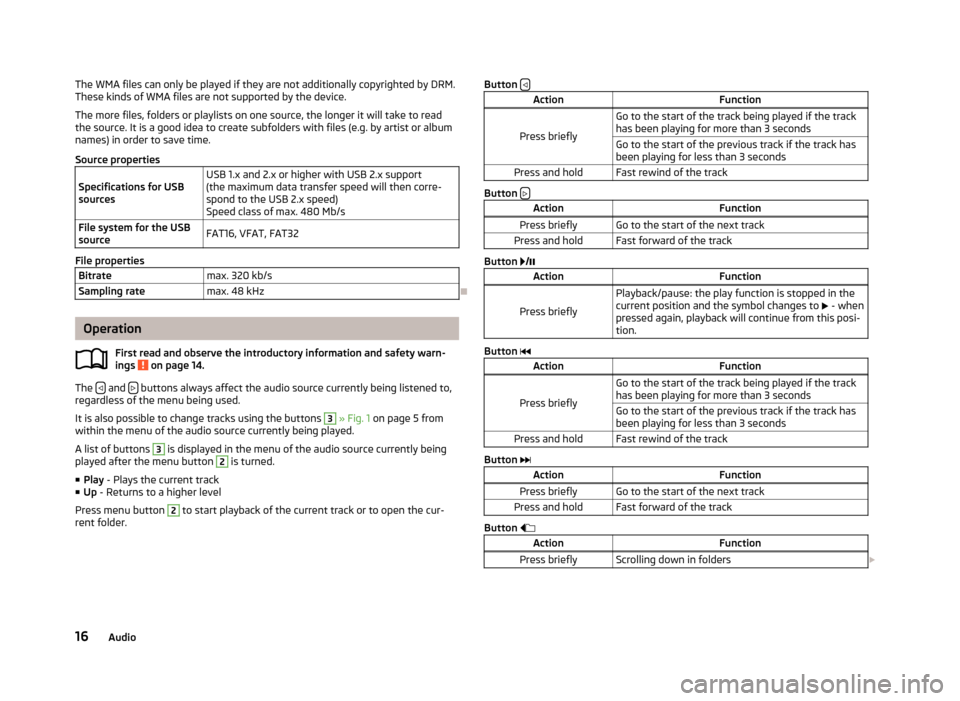 SKODA OCTAVIA 2013 3.G / (5E) Blues Car Radio Manual The WMA files can only be played if they are not additionally copyrighted by DRM.
These kinds of WMA files are not supported by the device.
The more files, folders or playlists on one source, the long