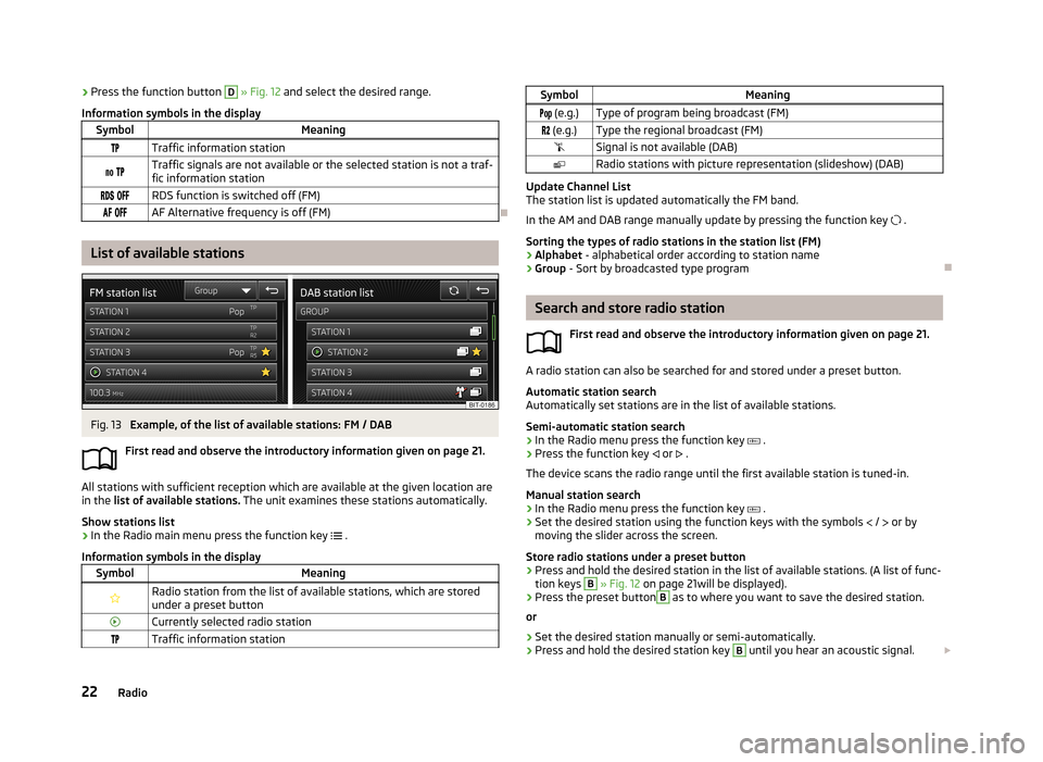 SKODA OCTAVIA 2013 3.G / (5E) Bolero Car Radio Manual ›Press the function button D
» Fig. 12 and select the desired range.
Information symbols in the displaySymbolMeaningTraffic information station Traffic signals are not availabl SKODA OCTAVIA 2013 3.G / (5E) Bolero Car Radio Manual ›Press the function button D
» Fig. 12 and select the desired range.
Information symbols in the displaySymbolMeaningTraffic information station Traffic signals are not availabl
