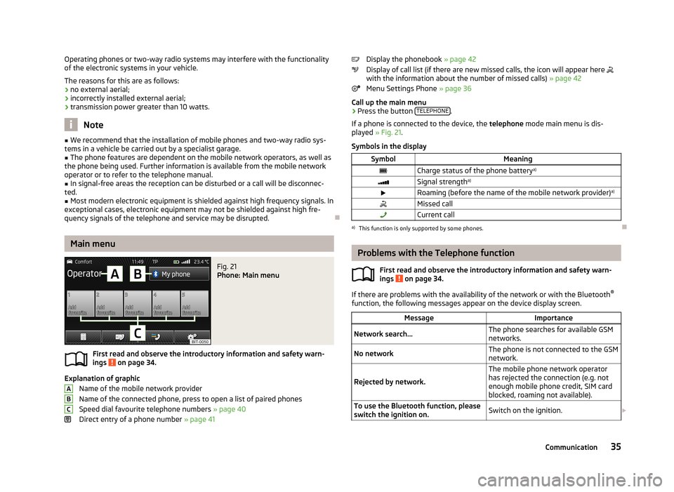 SKODA OCTAVIA 2013 3.G / (5E) Bolero Car Radio Manual Operating phones or two-way radio systems may interfere with the functionality
of the electronic systems in your vehicle.
The reasons for this are as follows:
› no external aerial;
› incorrectly i SKODA OCTAVIA 2013 3.G / (5E) Bolero Car Radio Manual Operating phones or two-way radio systems may interfere with the functionality
of the electronic systems in your vehicle.
The reasons for this are as follows:
› no external aerial;
› incorrectly i