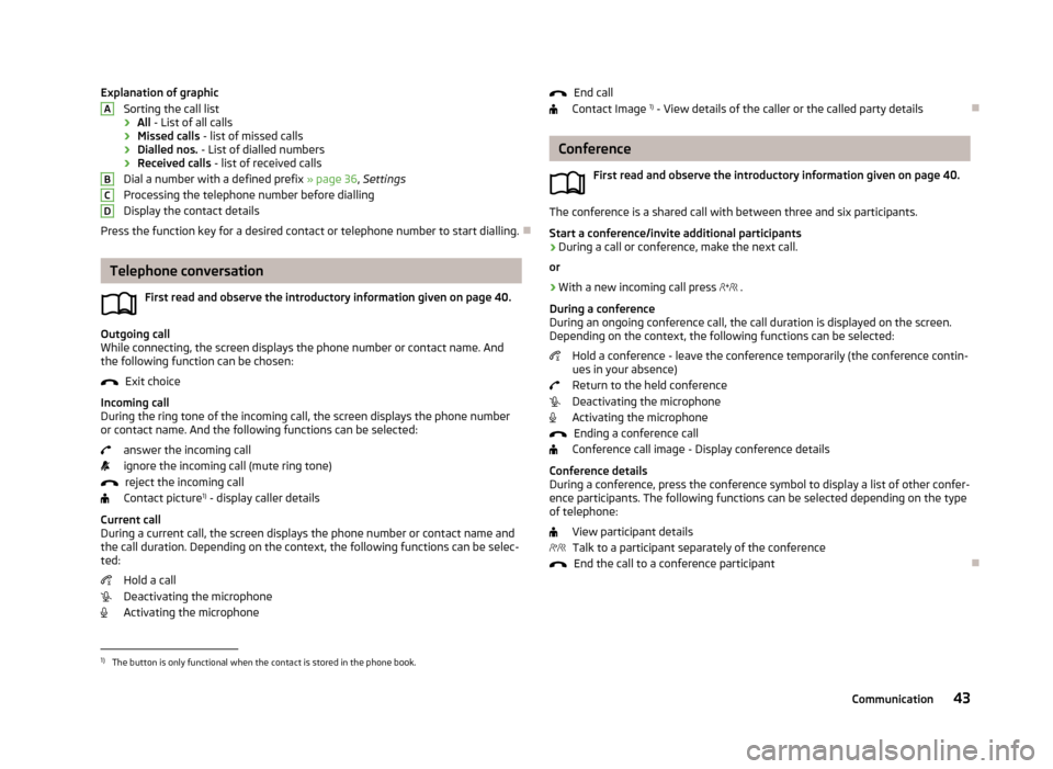 SKODA OCTAVIA 2013 3.G / (5E) Bolero Car Radio Manual Explanation of graphicSorting the call list
› All
- List of all calls
› Missed calls
- list of missed calls
› Dialled nos.
- List of dialled numbers
› Received calls
- list of received cal SKODA OCTAVIA 2013 3.G / (5E) Bolero Car Radio Manual Explanation of graphicSorting the call list
› All
- List of all calls
› Missed calls
- list of missed calls
› Dialled nos.
- List of dialled numbers
› Received calls
- list of received cal