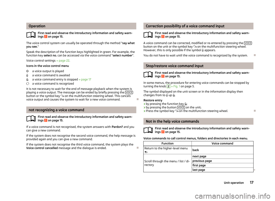 SKODA OCTAVIA 2013 3.G / (5E) Columbus Navigation System Manual OperationFirst read and observe the introductory information and safety warn-
ings 
 on page 15.
The voice control system can usually be operated through the method “ say what
you see. ”
Speak the