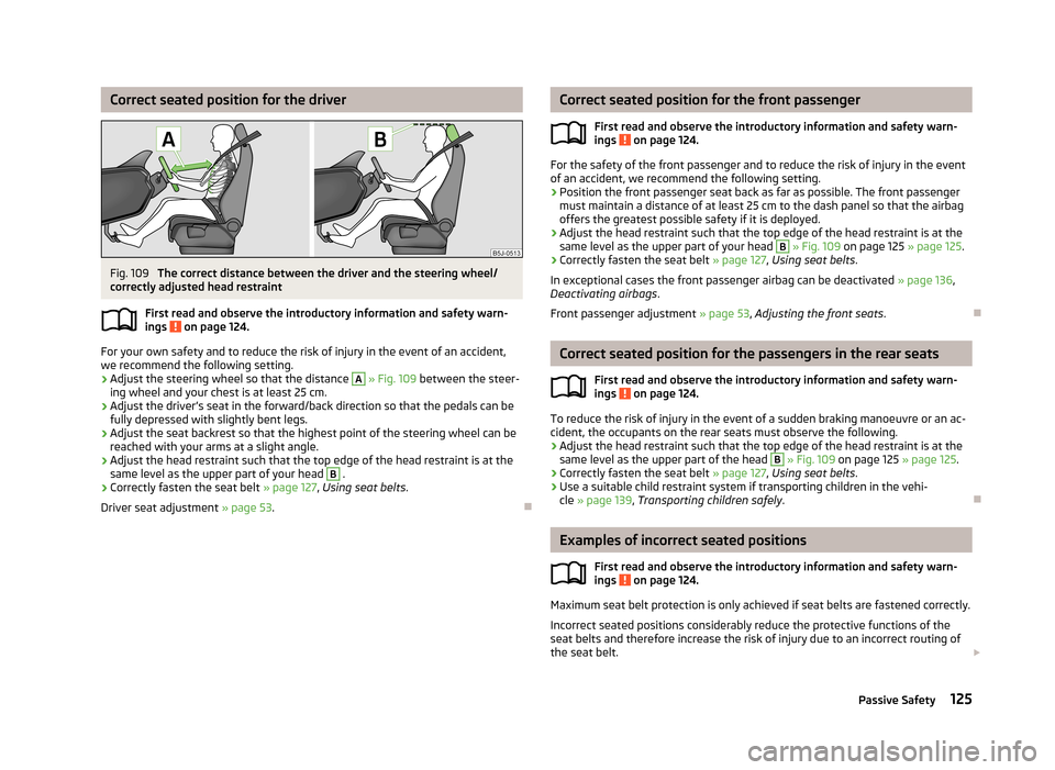 SKODA ROOMSTER 2013 1.G Owners Manual Correct seated position for the driverFig. 109
The correct distance between the driver and the steering wheel/
correctly adjusted head restraint
First read and observe the introductory information an SKODA ROOMSTER 2013 1.G Owners Manual Correct seated position for the driverFig. 109
The correct distance between the driver and the steering wheel/
correctly adjusted head restraint
First read and observe the introductory information an