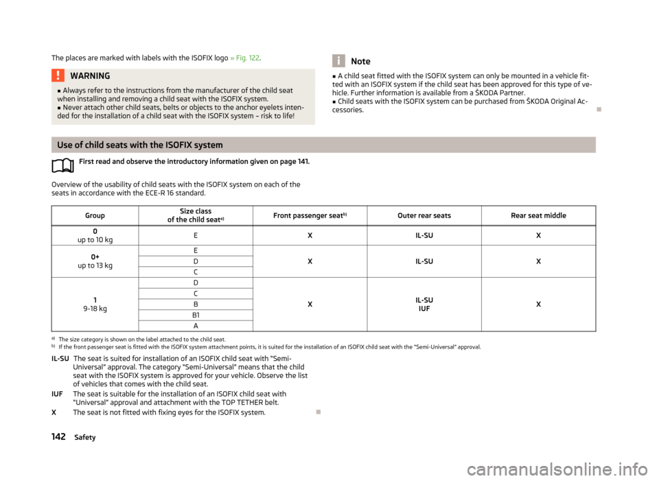SKODA ROOMSTER 2013 1.G Owners Manual The places are marked with labels with the ISOFIX logo » Fig. 122.WARNING■
Always refer to the instructions from the manufacturer of the child seat
when installing and removing a child seat with th SKODA ROOMSTER 2013 1.G Owners Manual The places are marked with labels with the ISOFIX logo » Fig. 122.WARNING■
Always refer to the instructions from the manufacturer of the child seat
when installing and removing a child seat with th