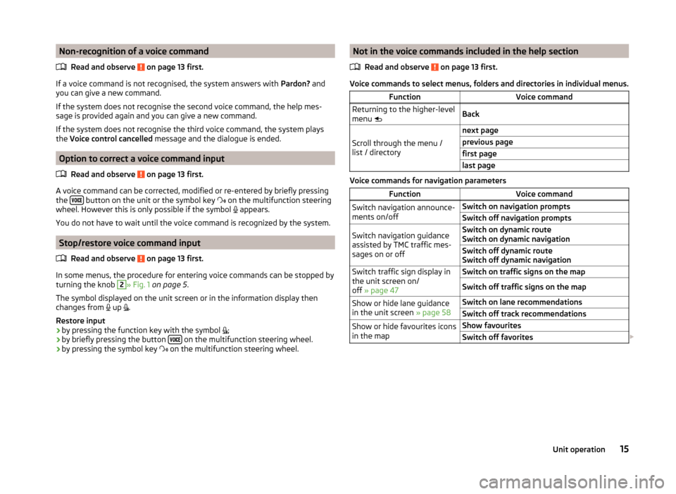 SKODA OCTAVIA 2014 3.G / (5E) Amundsen Infotainment Navigation System Manual Non-recognition of a voice commandRead and observe
on page 13 first.
If a voice command is not recognised, the system answers with Pardon? and
you can give a new command.
If the system does not rec SKODA OCTAVIA 2014 3.G / (5E) Amundsen Infotainment Navigation System Manual Non-recognition of a voice commandRead and observe
on page 13 first.
If a voice command is not recognised, the system answers with Pardon? and
you can give a new command.
If the system does not rec