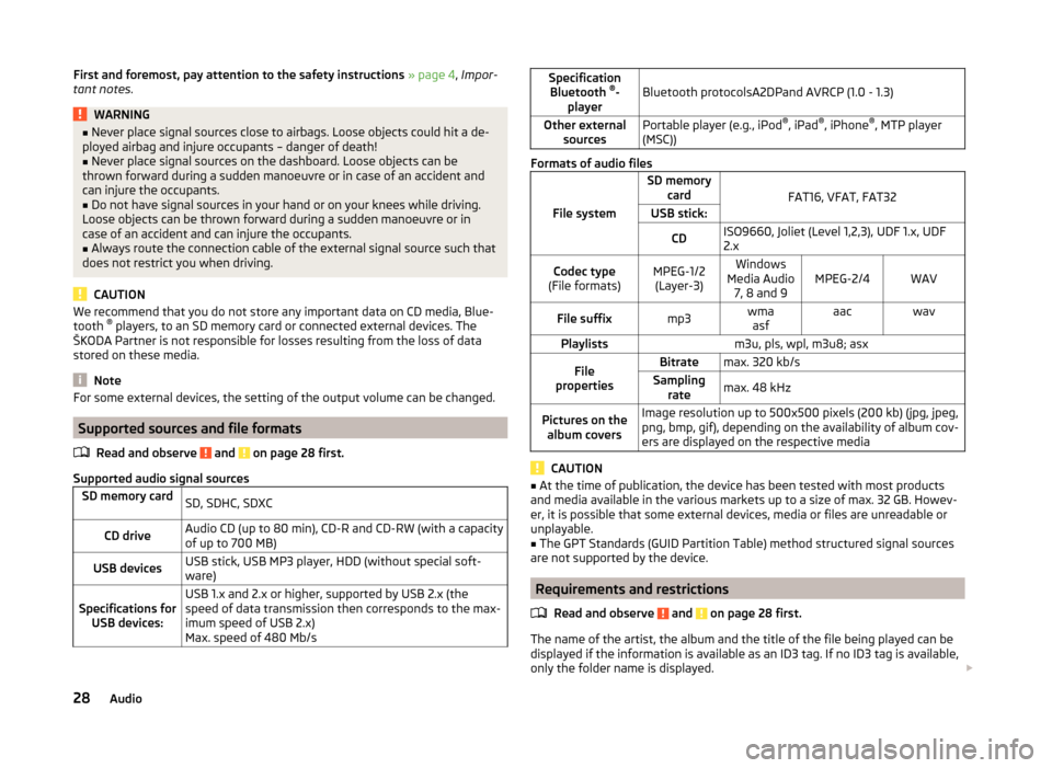 SKODA OCTAVIA 2014 3.G / (5E) Amundsen Infotainment Navigation System Manual First and foremost, pay attention to the safety instructions » page 4 , Impor-
tant notes .WARNING■
Never place signal sources close to airbags. Loose objects could hit a de-
ployed airbag and inju