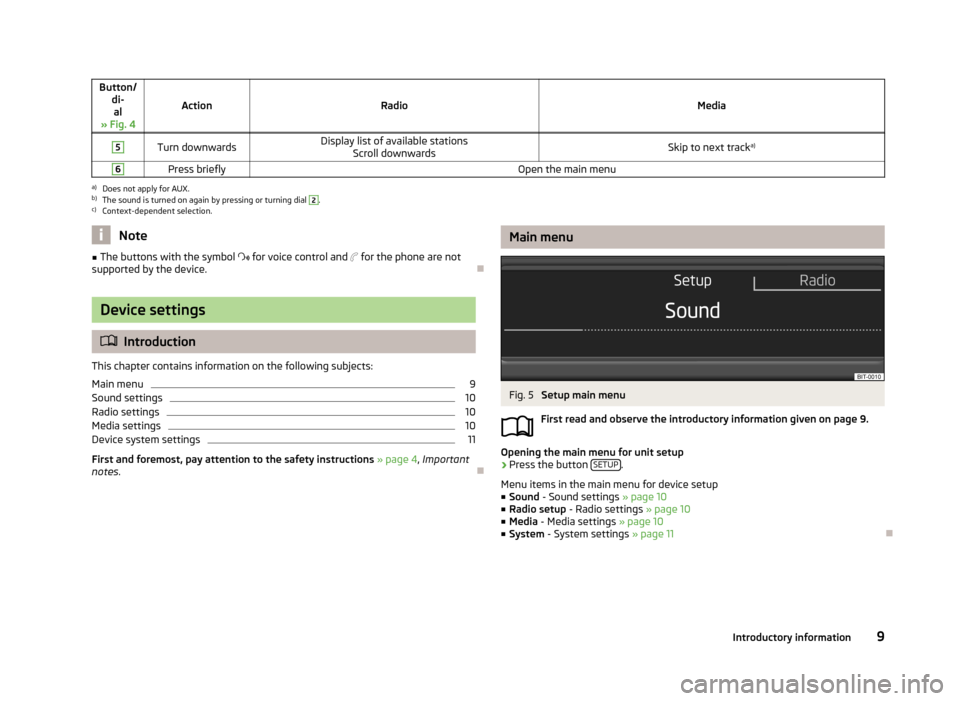 SKODA OCTAVIA 2014 3.G / (5E) Blues Car Radio Manual Button/di-al
» Fig. 4
ActionRadioMedia
5Turn downwardsDisplay list of available stations Scroll downwardsSkip to next track a)6Press brieflyOpen the main menua)
Does not apply for AUX.
b)
The sound i
