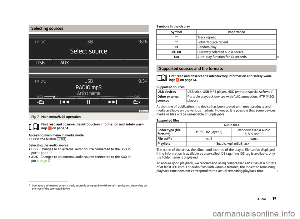 SKODA OCTAVIA 2014 3.G / (5E) Blues Car Radio Manual Selecting sourcesFig. 7 
Main menu/USB operation
First read and observe the introductory information and safety warn-
ings 
 on page 14.
Accessing main menu in media mode
›
Press the button  MEDIA.
