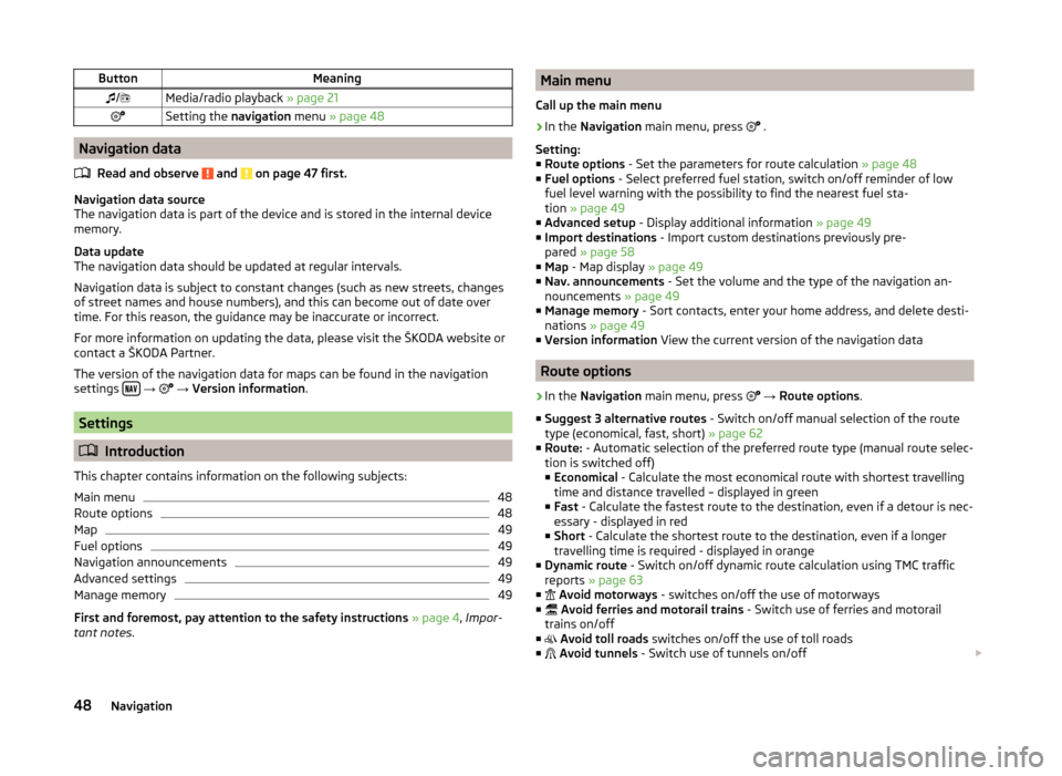 SKODA OCTAVIA 2014 3.G / (5E) Columbus Infotinment Navigation System Manual ButtonMeaning/Media/radio playback » page 21Setting the navigation menu » page 48
Navigation data
Read and observe
and on page 47 first.
Navigation data source
The navigation data is pa SKODA OCTAVIA 2014 3.G / (5E) Columbus Infotinment Navigation System Manual ButtonMeaning/Media/radio playback » page 21Setting the navigation menu » page 48
Navigation data
Read and observe
and on page 47 first.
Navigation data source
The navigation data is pa