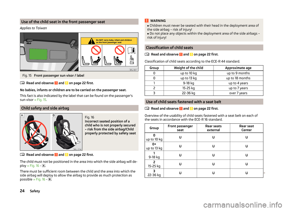 SKODA ROOMSTER 2014 1.G Owners Manual Use of the child seat in the front passenger seat
Applies to TaiwanFig. 15
Front passenger sun visor / label
Read and observe
and on page 22 first.
No babies, infants or children are to be carried SKODA ROOMSTER 2014 1.G Owners Manual Use of the child seat in the front passenger seat
Applies to TaiwanFig. 15
Front passenger sun visor / label
Read and observe
and on page 22 first.
No babies, infants or children are to be carried