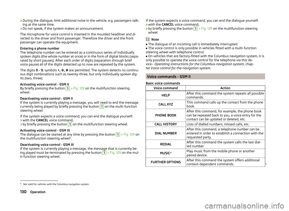SKODA SUPERB 2014 2.G / (B6/3T) Owners Manual ›During the dialogue, limit additional noise in the vehicle, e.g. passengers talk-
ing at the same time.
› Do not speak, if the system makes an announcement.
The microphone for voice control is in