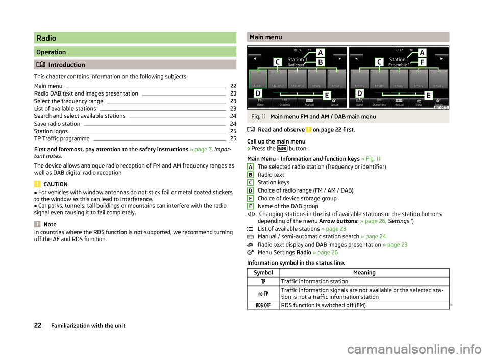 SKODA YETI 2014 1.G / 5L Bolero Car Radio Manual Radio
Operation
Introduction
This chapter contains information on the following subjects:
Main menu
22
Radio DAB text and images presentation
23
Select the frequency range
23
List of available stat SKODA YETI 2014 1.G / 5L Bolero Car Radio Manual Radio
Operation
Introduction
This chapter contains information on the following subjects:
Main menu
22
Radio DAB text and images presentation
23
Select the frequency range
23
List of available stat