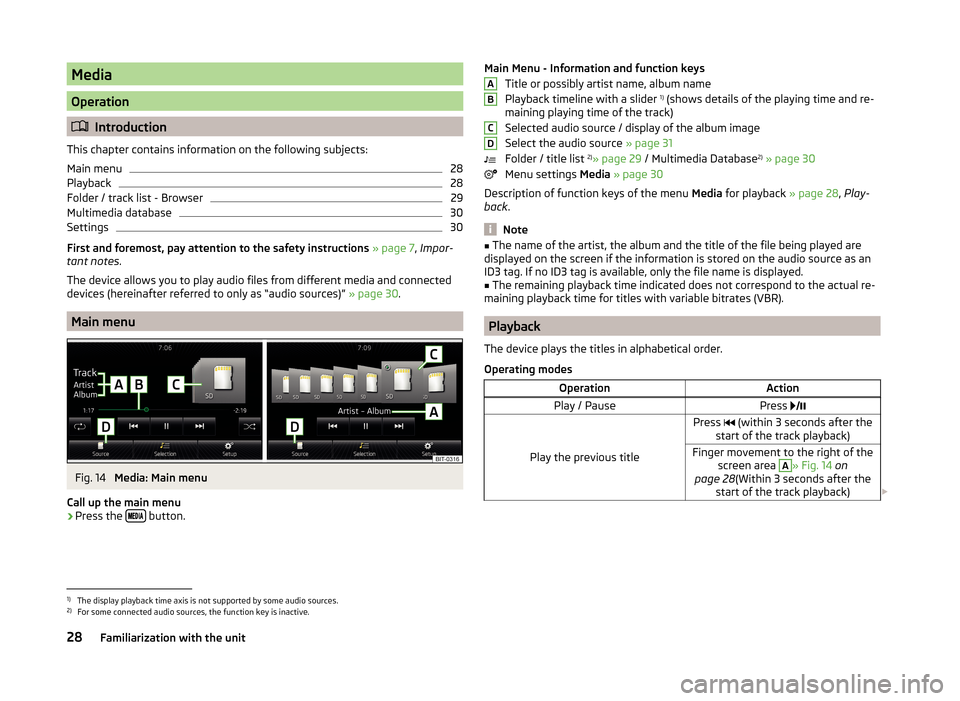 SKODA YETI 2014 1.G / 5L Bolero Car Radio Manual Media
Operation
Introduction
This chapter contains information on the following subjects:
Main menu
28
Playback
28
Folder / track list - Browser
29
Multimedia database
30
Settings
30
First and fore SKODA YETI 2014 1.G / 5L Bolero Car Radio Manual Media
Operation
Introduction
This chapter contains information on the following subjects:
Main menu
28
Playback
28
Folder / track list - Browser
29
Multimedia database
30
Settings
30
First and fore