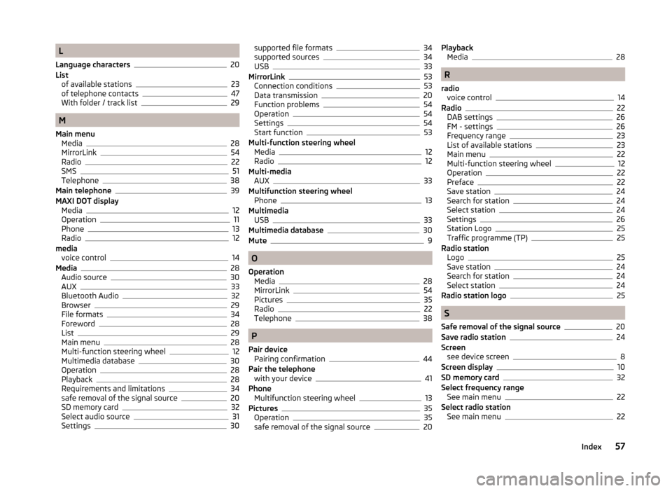 SKODA YETI 2014 1.G / 5L Bolero Car Radio Manual L
Language characters
20
List of available stations
23
of telephone contacts47
With folder / track list29
M
Main menu Media
28
MirrorLink54
Radio22
SMS51
Telephone38
Main telephone39
MAXI DOT display 