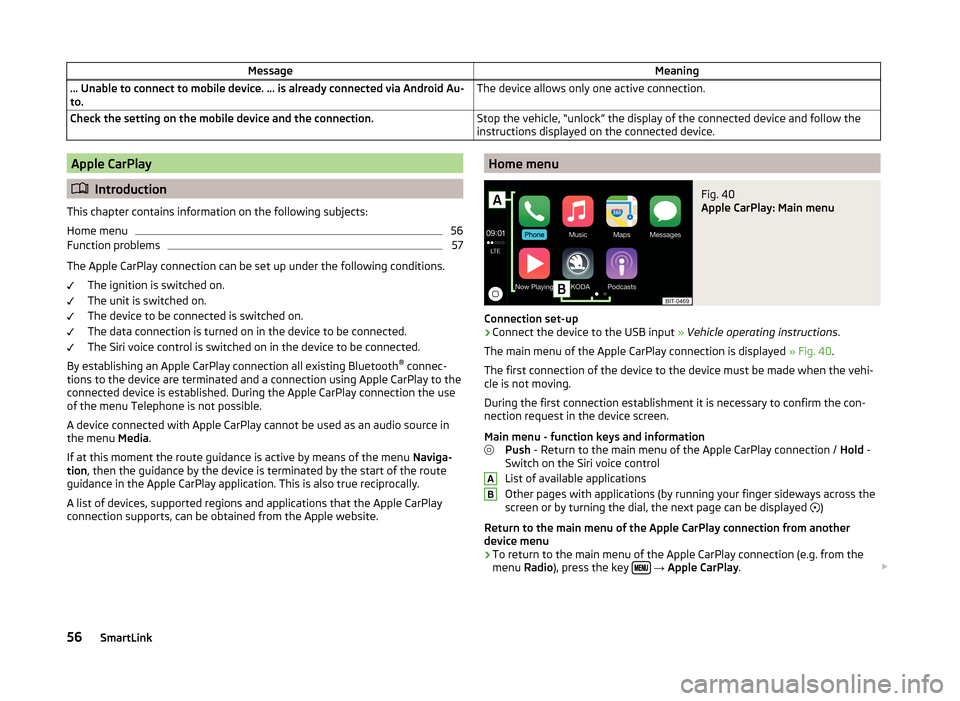 SKODA SUPERB 2015 3.G / (B8/3V) Columbus Infotainment System Manual MessageMeaning… Unable to connect to mobile device. … is already connected via Android Au-
to.The device allows only one active connection.Check the setting on the mobile device and the connection