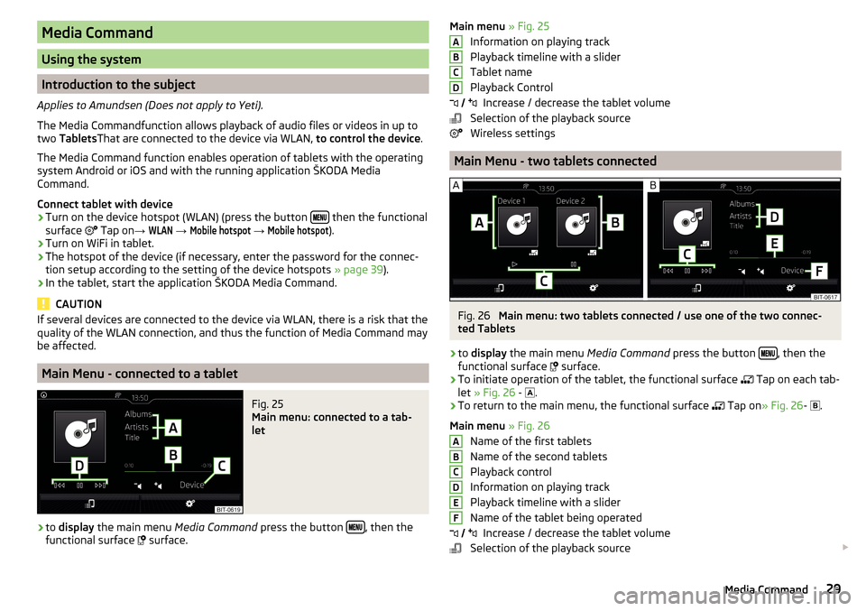 SKODA FABIA 2016 3.G / NJ Amundsen Bolero Infotainment System Navigation Manual Media Command
Using the system
Introduction to the subject
Applies to Amundsen (Does not apply to Yeti).
The Media Commandfunction allows playback of audio files or videos in up to
two  Tablets That a