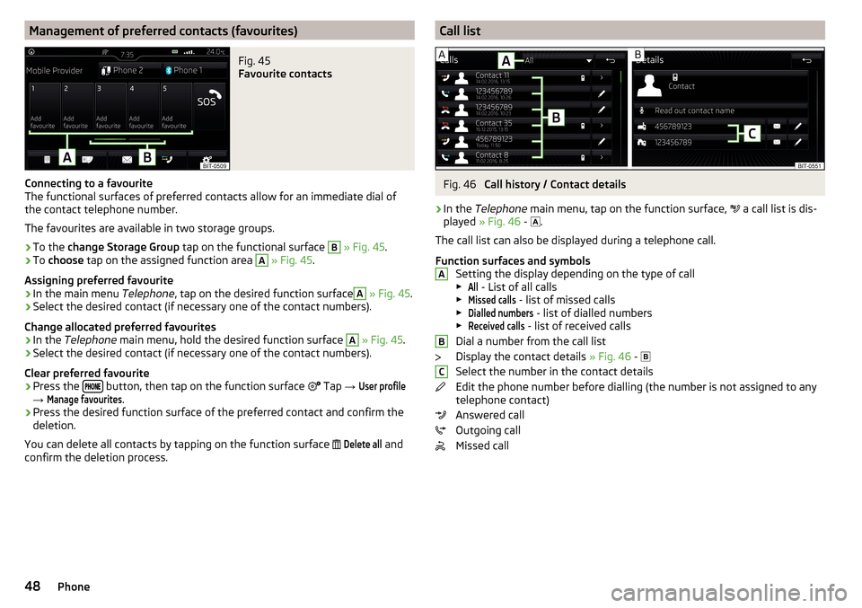 SKODA RAPID SPACEBACK 2016 1.G Columbus Amundsen Bolero Infotainment System Navigation Manual Management of preferred contacts (favourites)Fig. 45 
Favourite contacts
Connecting to a favourite
The functional surfaces of preferred contacts allow for an immediate dial of
the contact telephone nu