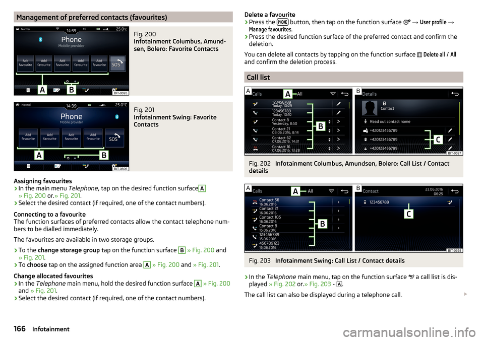 SKODA KODIAQ 2016 1.G Owners Manual Management of preferred contacts (favourites)Fig. 200 
Infotainment Columbus, Amund-
sen, Bolero: Favorite Contacts
Fig. 201 
Infotainment Swing: Favorite
Contacts
Assigning favourites
›
In the main