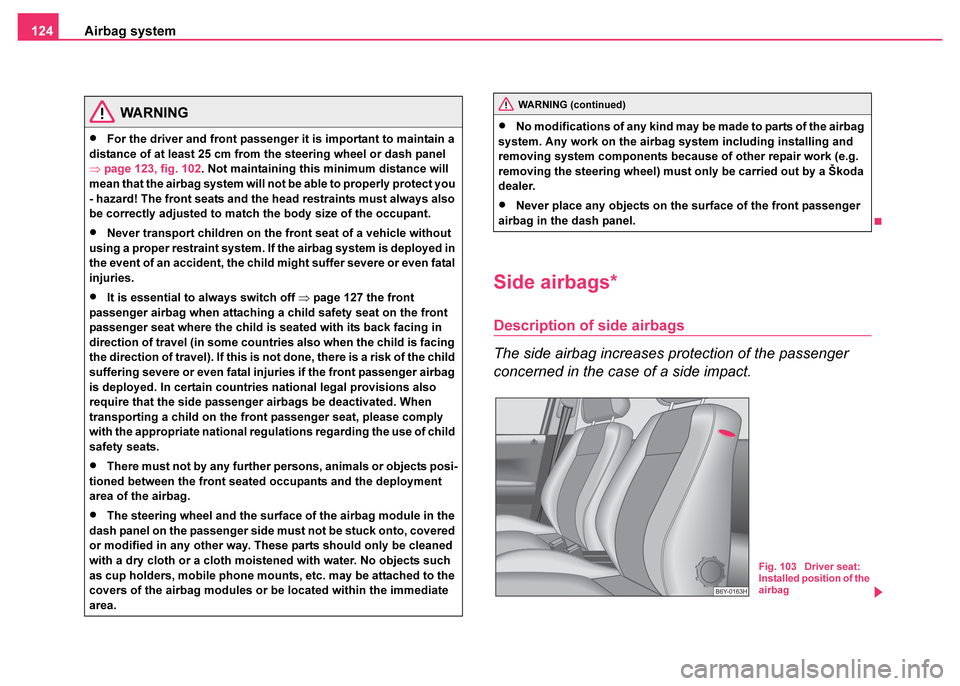 SKODA FABIA 2003 1.G / 6Y Owners Manual Airbag system
124
Side airbags*
Description of side airbags
The side airbag increases protection of the passenger 
concerned in the case of a side impact.
WARNING
•For the driver and front passenger