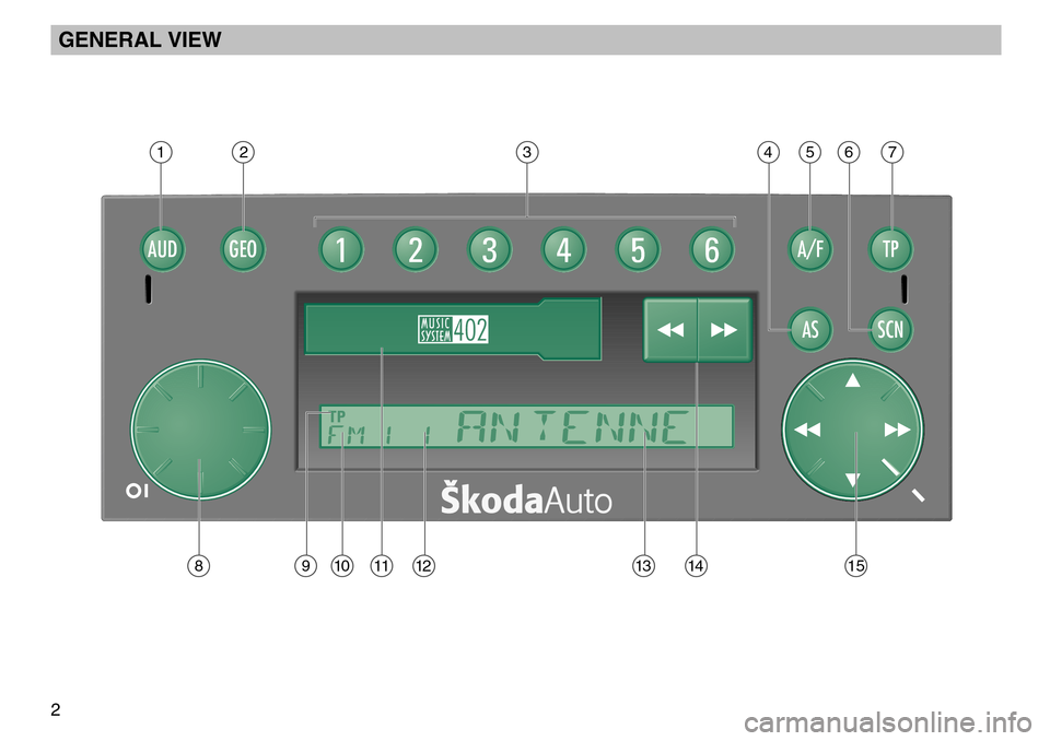 SKODA FABIA 2004 1.G / 6Y MS402 Car Radio Manual GENERAL VIEW
2
AUDGEO1
AS
TP
SCN
123456A/FAUDGEO
AS
TP
SCN
123456A/F
›1›2›3›4›5›6›7
›8›9›10›11›12›13›14›15 