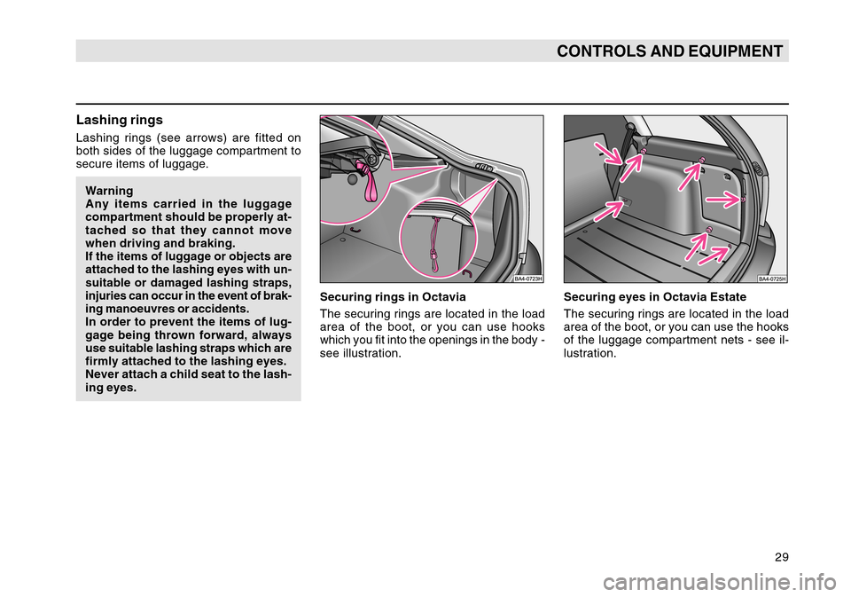 SKODA OCTAVIA TOUR 2004 1.G / (1U) Owners Manual 29
CONTROLS AND EQUIPMENT
Lashing ringsLashing rings (see arrows) are fitted on
both sides of the luggage compartment to
secure items of luggage.Warning
Any items carried in the luggage
compartment sh