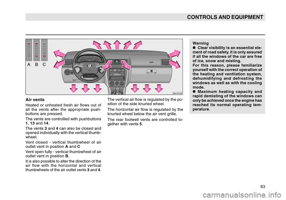 SKODA OCTAVIA TOUR 2004 1.G / (1U) Owners Manual 83
CONTROLS AND EQUIPMENT
Air ventsHeated or unheated fresh air flows out of
all the vents after the appropriate push-
buttons are pressed.
The vents are controlled with pushbuttons
1, 13  and  14.
Th