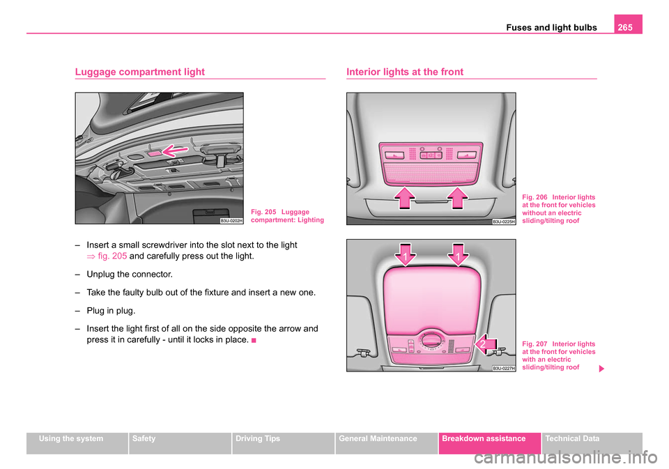 SKODA SUPERB 2006 1.G / (B5/3U) Owners Manual Fuses and light bulbs265
Using the systemSafetyDriving TipsGeneral MaintenanceBreakdown assistanceTechnical Data
Luggage compartment light
– Insert a small screwdriver into the slot next to the ligh