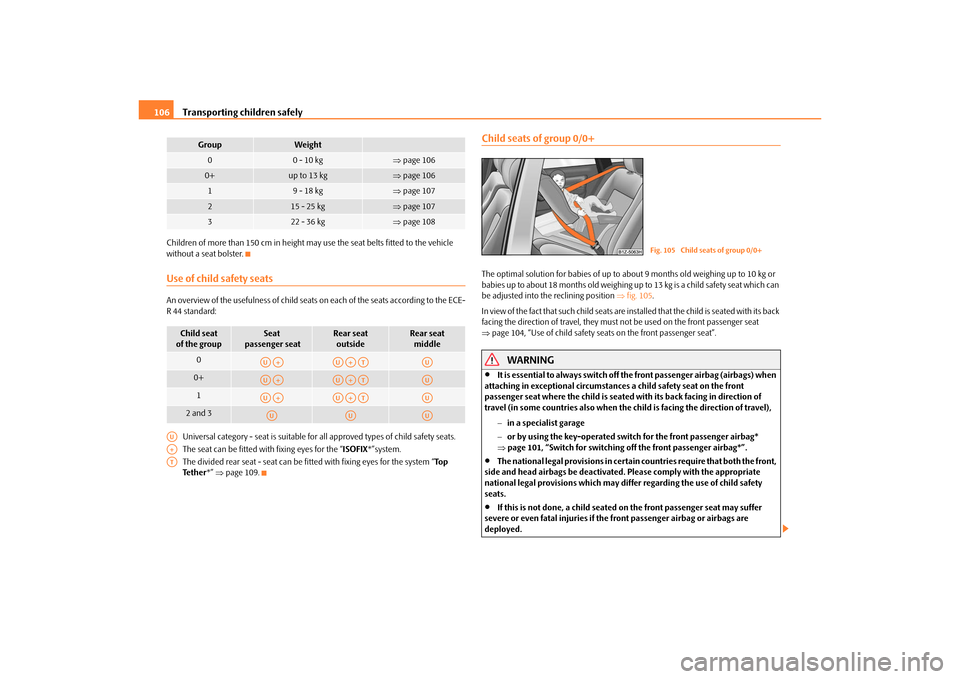 SKODA OCTAVIA TOUR 2010 2.G / (1Z) Owners Manual Transporting children safely
106
Children of more than 150 cm in height may use the seat belts fitted to the vehicle 
without a seat bolster.Use of child safety seatsAn overview of the usefulness  of 