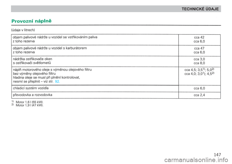 SKODA FELICIA 2000 1.G / (6U1) Owners Manual 147
TECHNICKÉ ÚDAJE 