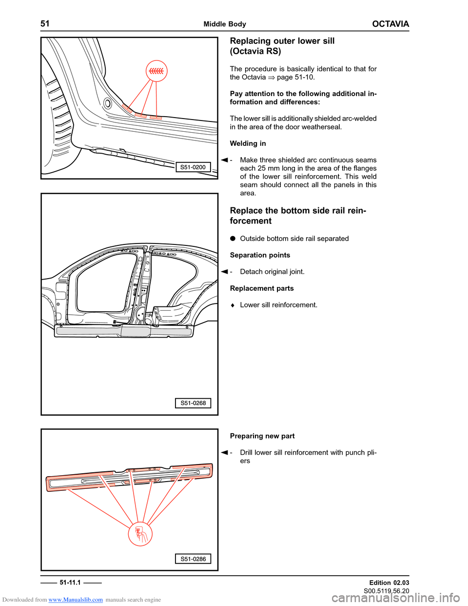 SKODA OCTAVIA 1997 1.G / (1U) Body Repairs Workshop Manual Downloaded from www.Manualslib.com manuals search engine OCTAVIA
51Middle Body
Edition 02.03
S00.5119.56.20
------------    - ------------
Replacing outer lower sill (Octavia RS)
The procedure is basi