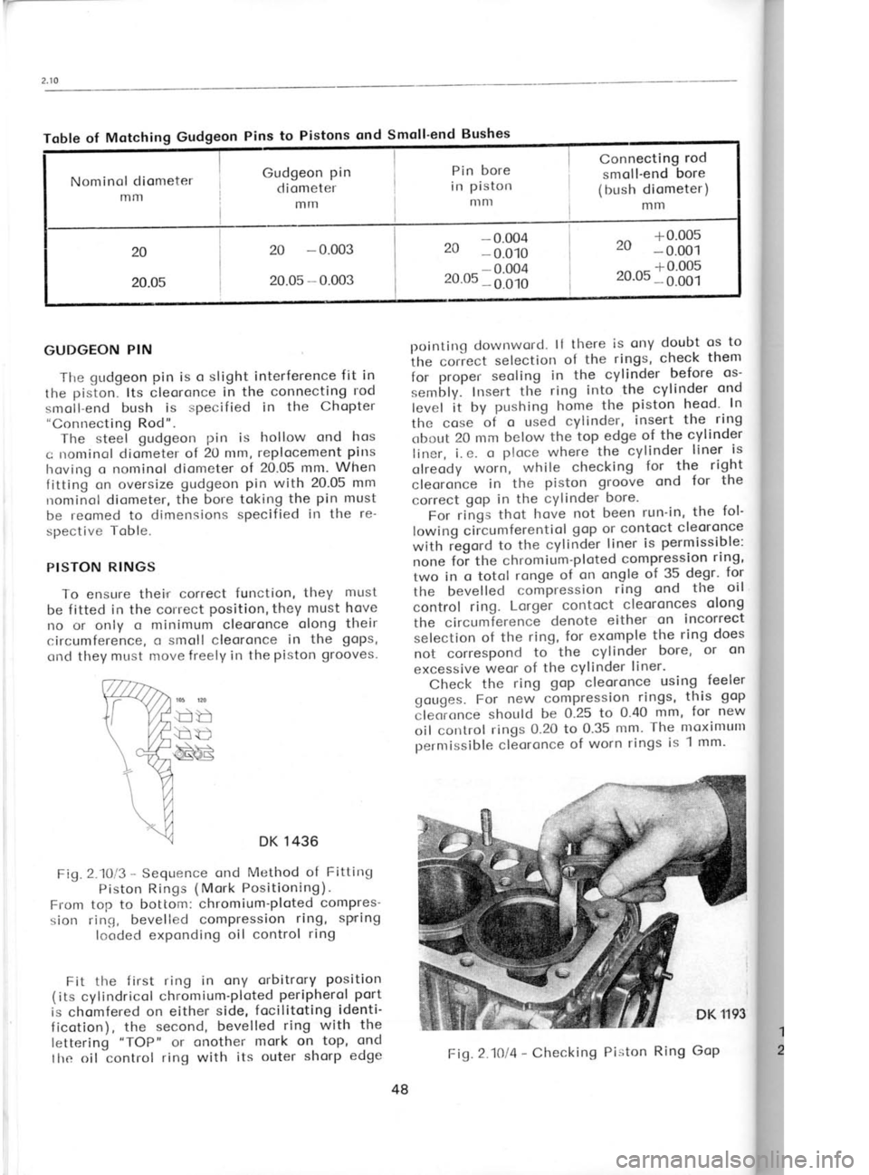 SKODA 120 LSE 1980  Workshop Manual Nominol 
diometer
mm Gudgeon 
pin
diometer mIn Pin 
bore
in  piston
nl 
n] Connecting 
rod
smoll-end  bore
(br-rsh  diometer)
mm
20
20.0s 20 
- 
0.003
20.0s  -- 
0.003 - 
0.004
zu  - o.o1o
,o 05,  3 3