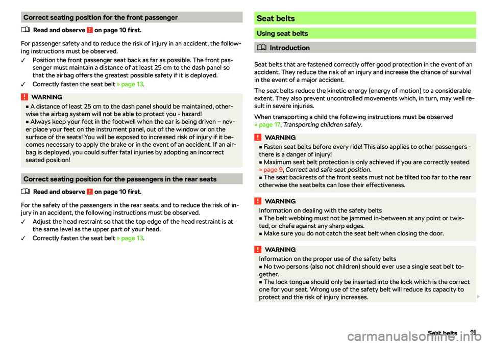 SKODA CITIGO 2018  Owners Manual Correct seating position for the front passenger�