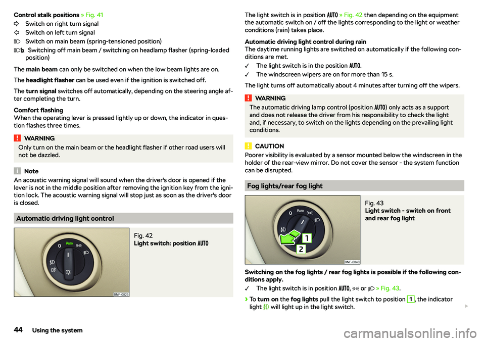 SKODA CITIGO 2018  Owners Manual Control stalk positions 