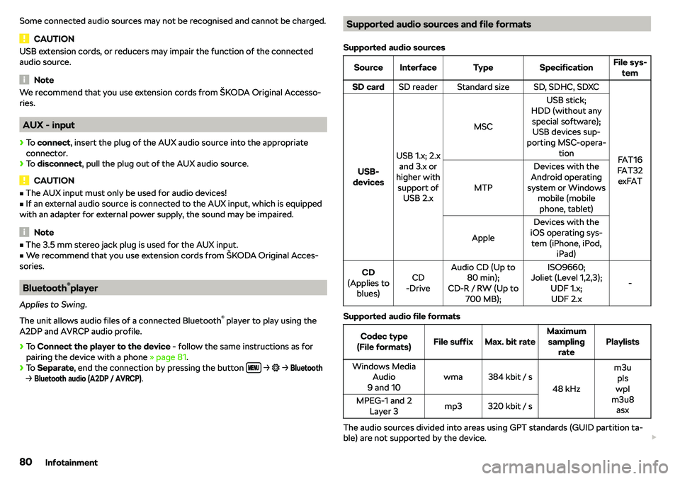 SKODA CITIGO 2018  Owners Manual Some connected audio sources may not be recognised and cannot be charged.
CAUTION
USB extension cords, or reducers may impair the function of the connected
audio source.
Note
We recommend that you use