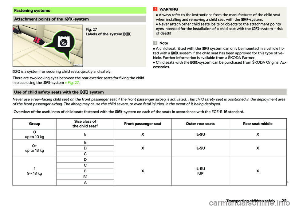 SKODA RAPID SPACEBACK 2019  Owners Manual Fastening systems
Attachment points of the ������-system
Fig. 27 
Labels of the system ������
������ is a system for securing child seats quickly 