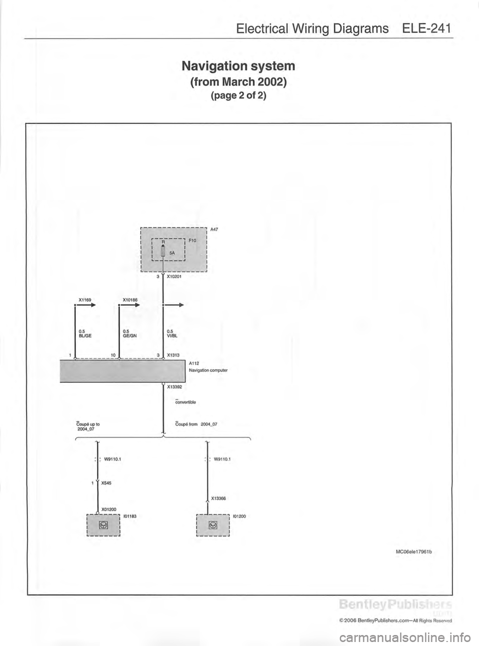 MINI COOPER 2002  Service Repair Manual Electrical Wiring Diagrams ELE-241
Navigation system
(from  March  2002)
(page 2 of 2)
A47
!  r ™  i  F 1 °
!  I  Ij 5A<-__
£_   j3X10201
X1169  X10186
▶ *▶
0.5 0.50.5
BUGE GE/GNVI/BL
1 10 3