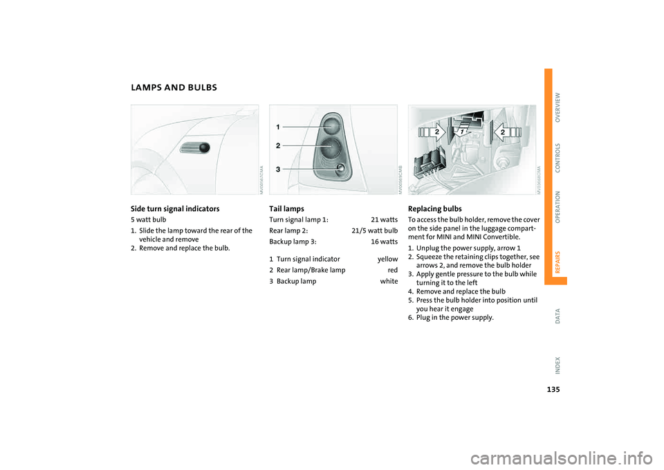 MINI COOPER CONVERTIBLE 2008  Owners Manual 135
OVERVIEW REPAIRSOPERATION CONTROLS DATA INDEX
LAMPS AND BULBSSide turn signal indicators5 watt bulb
1. Slide the lamp toward the rear of the 
vehicle and remove
2. Remove and replace the bulb.
Tai