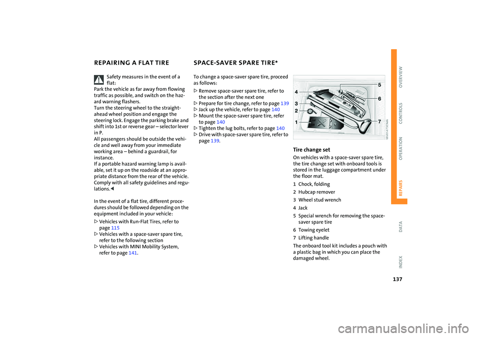 MINI COOPER CONVERTIBLE 2008  Owners Manual 137
OVERVIEW REPAIRSOPERATION CONTROLS DATA INDEX
REPAIRING A FLAT TIRE SPACE-SAVER SPARE TIRE
*
Safety measures in the event of a 
flat: 
Park the vehicle as far away from flowing 
traffic as possibl