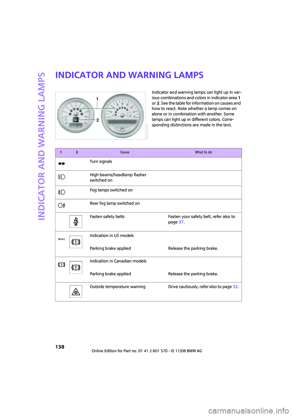 MINI COOPER CONVERTIBLE 2009  Owners Manual Indicator and warning lamps
138
Indicator and warning lamps
Indicator and warning lamps can light up in var-
ious combinations and colors in indicator area 1 
or2. See the table for information on cau