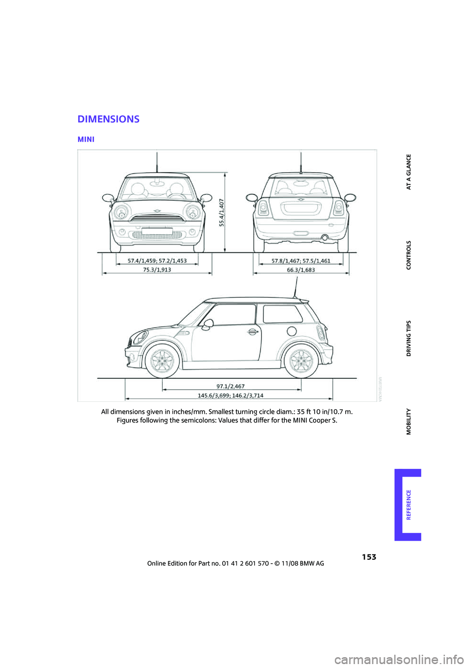 MINI COOPER CONVERTIBLE 2009  Owners Manual REFERENCEAT A GLANCE CONTROLS DRIVING TIPS MOBILITY
 153
Dimensions
MINI
All dimensions given in inches/mm. Smallest turning circle diam.: 35 ft 10 in/10.7 m. 
Figures following the semicolons: Values