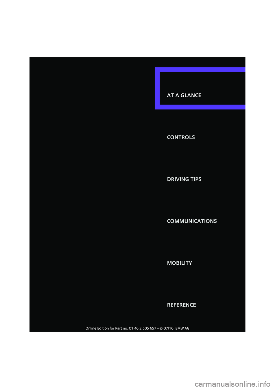 MINI COOPER CONVERTIBLE 2011  Owners Manual AT A GLANCE
CONTROLS
DRIVING TIPS
COMMUNICATIONS
MOBILITY
REFERENCE AT A GLANCE 