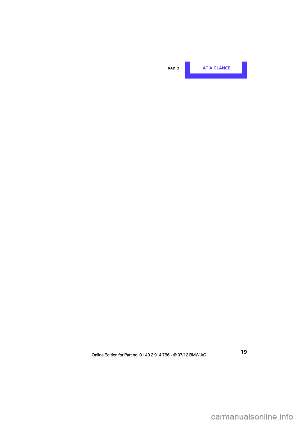 MINI COOPER CONVERTIBLE 2012  Owners Manual RadioAT A GLANCE
 19
Online  Edition  for Part  no. 01 40 2 914  786 - \251  07/12  BMW AG  