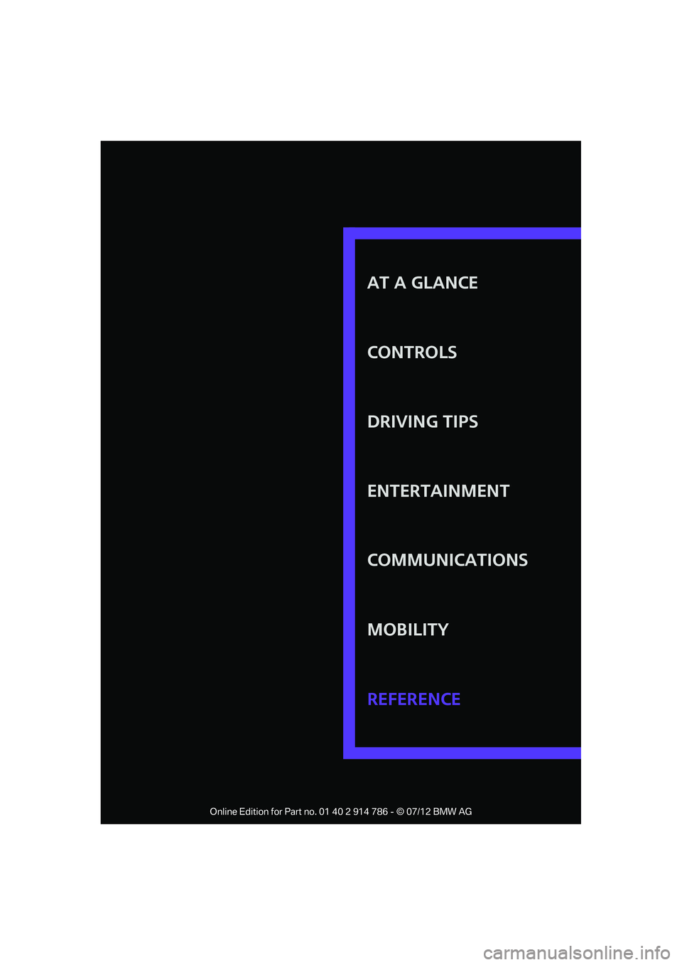 MINI COOPER CONVERTIBLE 2012  Owners Manual AT A GLANCE
CONTROLS
DRIVING TIPS
ENTERTAINMENT
COMMUNICATIONS
MOBILITY
REFERENCE

Online Edition for Part no. 01 40 2 914 786 - © 07/12 BMW AG  