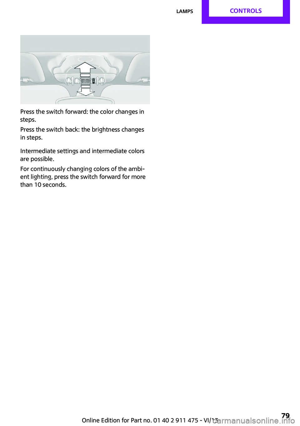 MINI COOPER CONVERTIBLE 2014  Owners Manual Press the switch forward: the color changes in
steps.
Press the switch back: the brightness changes
in steps.
Intermediate settings and intermediate colors
are possible.
For continuously changing colo