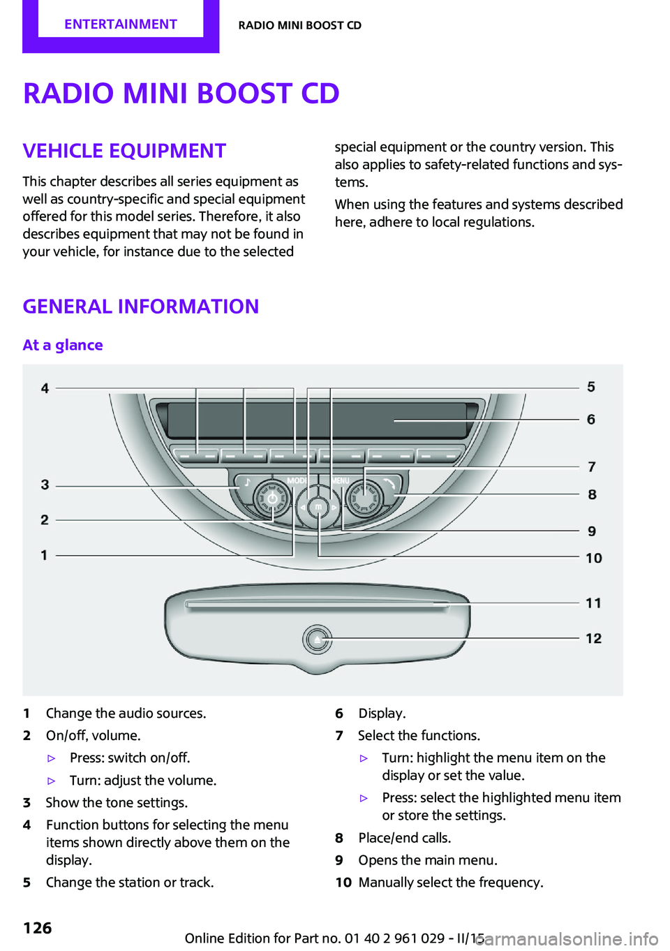 MINI COOPER CONVERTIBLE 2015  Owners Manual Radio MINI Boost CDVehicle equipment
This chapter describes all series equipment as
well as country-specific and special equipment
offered for this model series. Therefore, it also
describes equipment