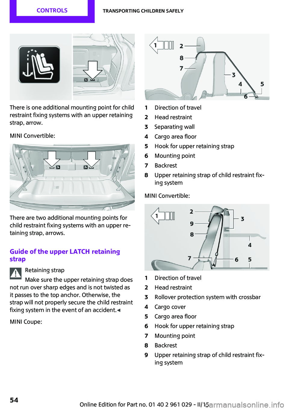 MINI COOPER CONVERTIBLE 2015  Owners Manual There is one additional mounting point for child
restraint fixing systems with an upper retaining
strap, arrow.
MINI Convertible:
There are two additional mounting points for
child restraint fixing sy