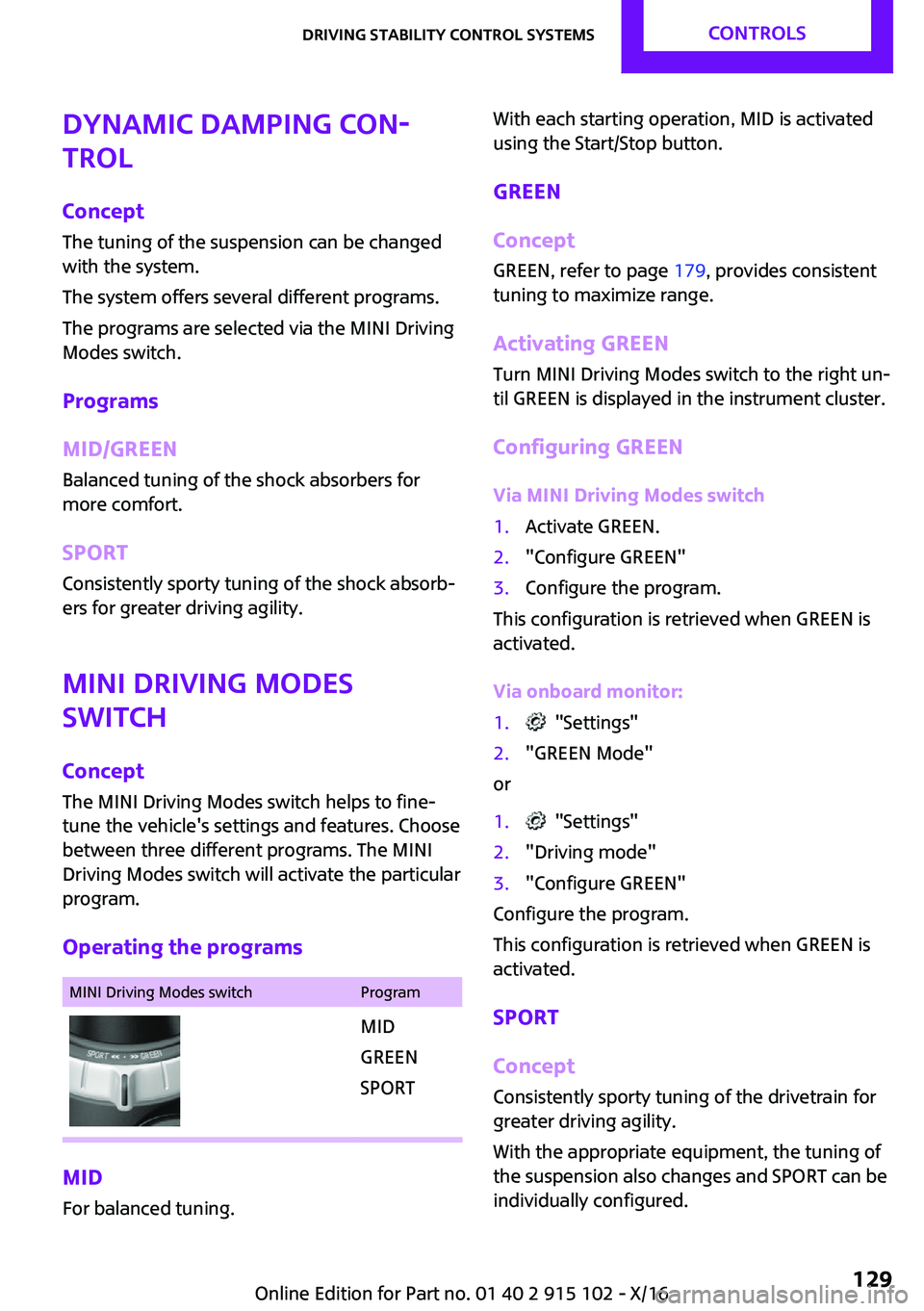 MINI COOPER CONVERTIBLE 2017  Owners Manual �D�y�n�a�m�i�c��D�a�m�p�i�n�g��C�o�n
