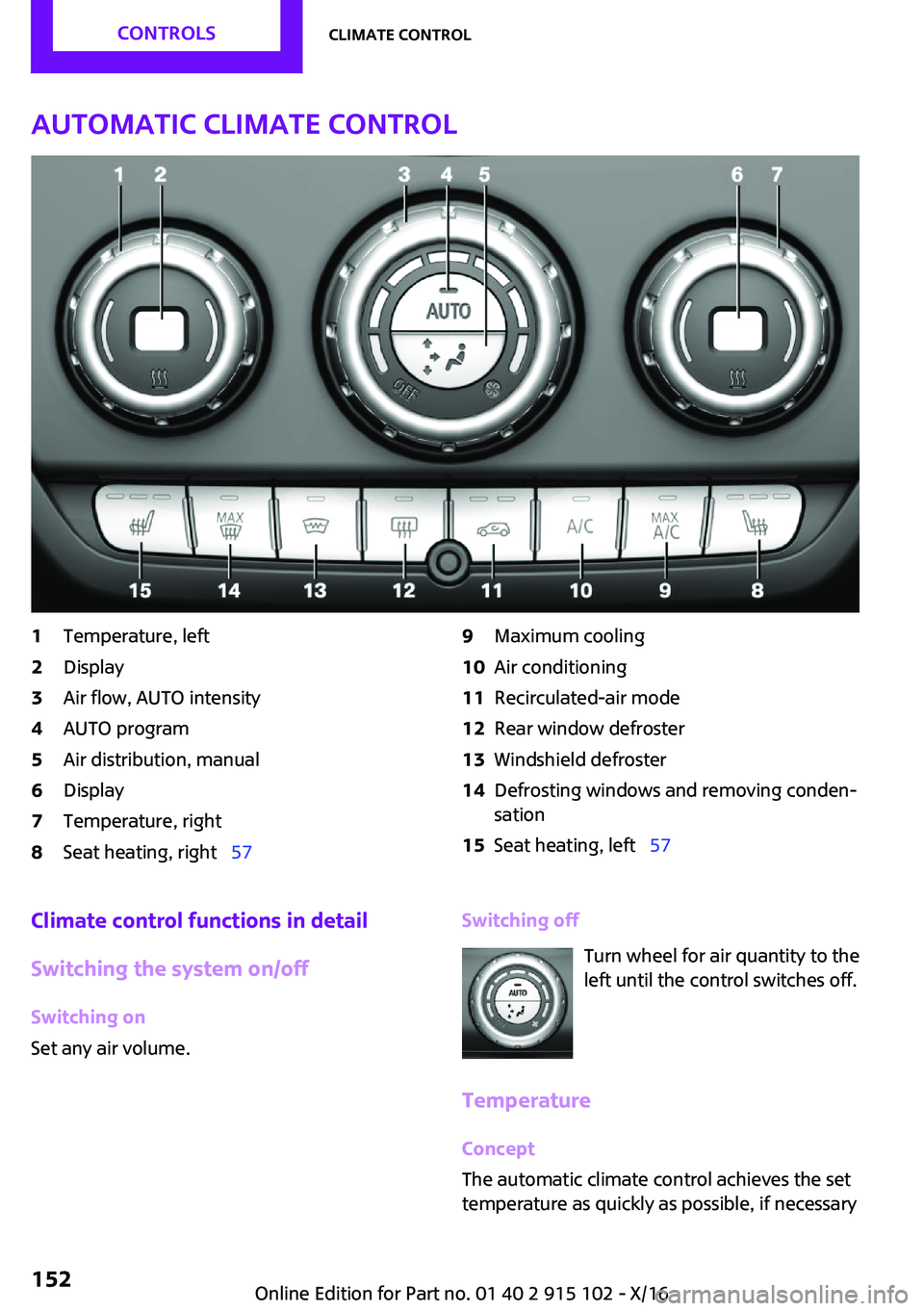 MINI COOPER CONVERTIBLE 2017  Owners Manual �A�u�t�o�m�a�t�i�c��c�l�i�m�a�t�e��c�o�n�t�r�o�l�1�T�e�m�p�e�r�a�t�u�r�e�,� �l�e�f�t�2�D�i�s�p�l�a�y�3�A�i�r� �f�l�o�w�,� �A�U�T�O� �i�n�t�e�n�s�i�t�y�4�A�U�T�O� �p�r�o�g�r�a�m�5�A�i�r� �d�i�s�t�r�i